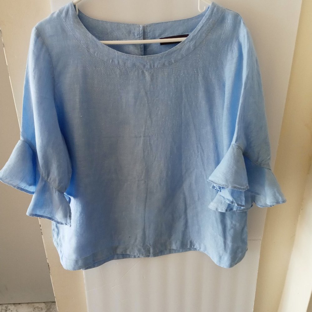 M&S Ruffle Sleeve Light Blue Linen Blouse (  Sz Large)